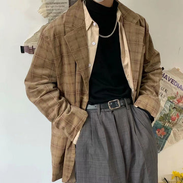 Wiaofellas Men's Retro Corduroy Fabric Coats Lattice Printing Suit Jackets Loose Casual Fashion Trend Western-style Clothes Size S-2XL